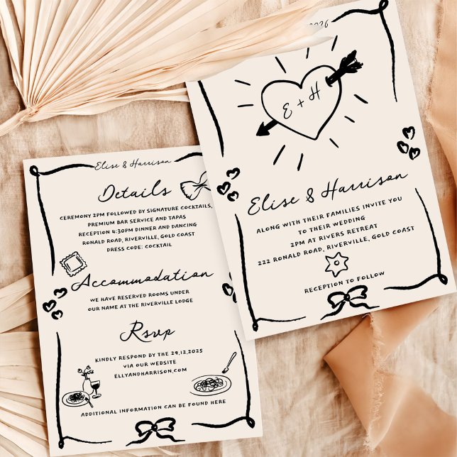 Elegante handgezeichnete Retro Black Wedding Einla Einladung (Von Creator hochgeladen)