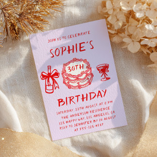 Elegante handgezeichnete rote Torte 30. Geburtstag Einladung