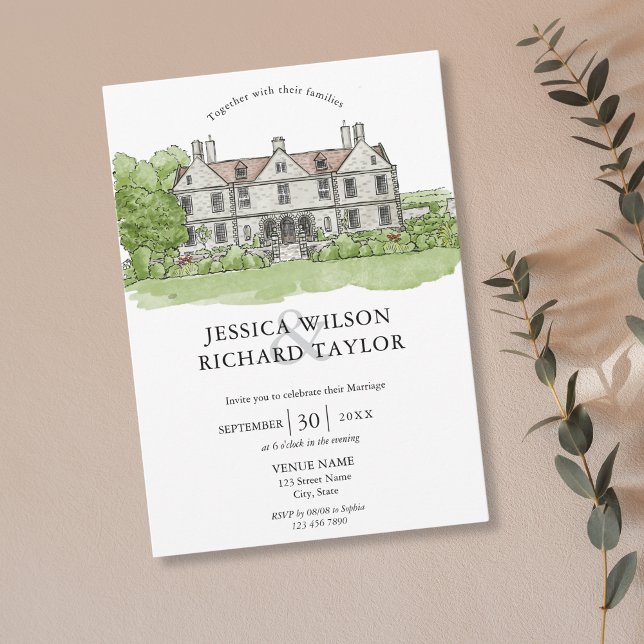 Elegante, handgezeichnete Venue Manor Illustration Einladung (hand drawn wedding venue invitation)