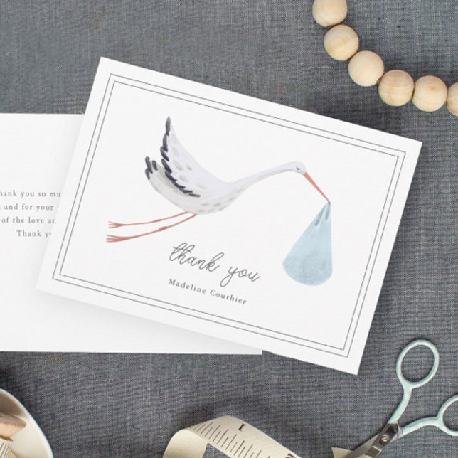 Elegante, handgezogene Stork Boys Babydusche Dankeskarte (Elegant hand painted blue stork boys baby shower thank you cards.)