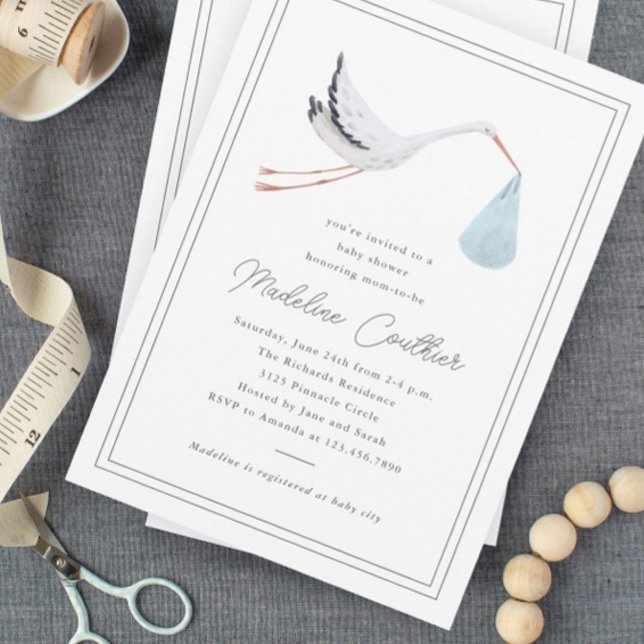 Elegante, handgezogene Stork Boys Babydusche Magneteinladung (Elegant hand drawn stork baby shower magnetic invitations.)