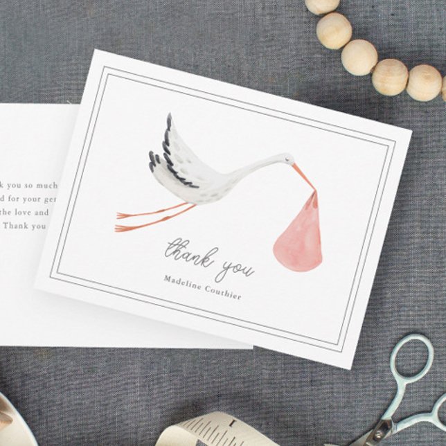 Elegante, handgezogene Stork Girls Babydusche Dankeskarte (Elegant hand painted stork pink girls baby shower thank you cards.)
