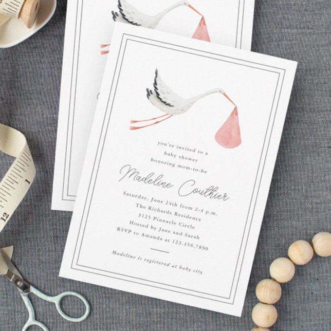 Elegante, handgezogene Stork Girls Babydusche Einladung (Elegant hand drawn stork girls baby shower invitations.)