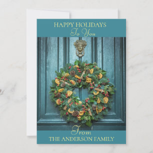 Elegante Haustür und Kranz Familien-Weihnachtskart Feiertagskarte