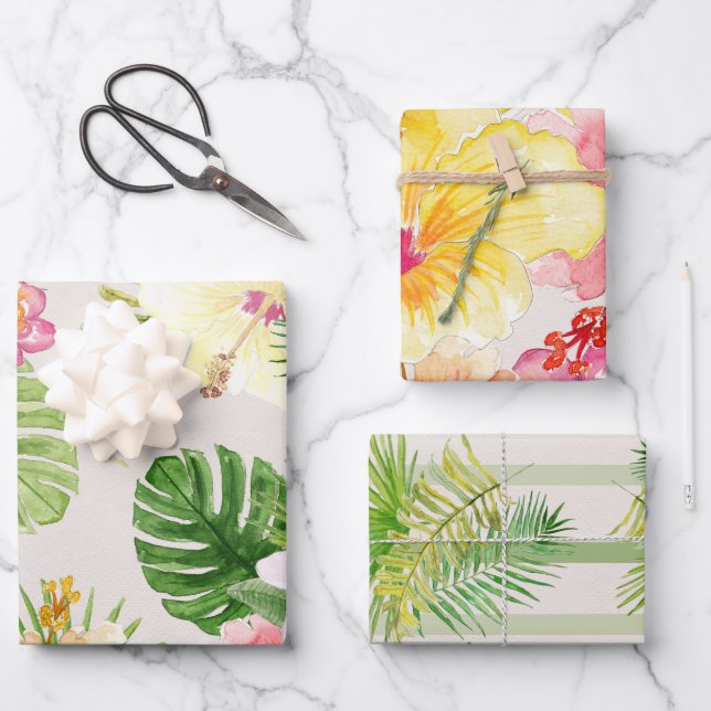 Elegante hawaiianische tropische Wasserfarben Geschenkpapier Set (Vorderseite)