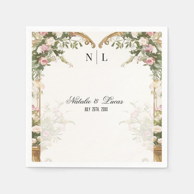 Elegante Heart Arch Blush Bloral and Gold Wedding Serviette (Vorderseite)