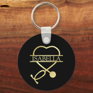 Elegante Heart Stethoscope Black Gold Name Schlüsselanhänger