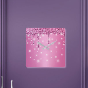 Elegante heiße pinkfarbene Glitter-Drip-Uhr Quadratische Wanduhr