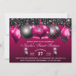 Elegante heiße rosa und schwarze Glitter-Kugeln Sw Einladung
