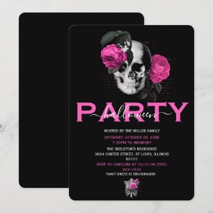 Elegante heißrosa florale Schädel-Halloween-Party Einladung