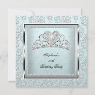 Elegante hellblaue Damast Silber-Tiara-Birthday Einladung