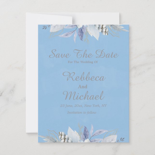 Elegante, hellblaue Flachkarte Save the Date (Vorderseite)
