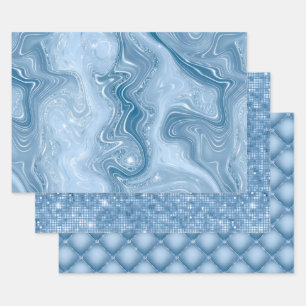 Elegante hellblaue Glitter-Glam-Muster Geschenkpapier Set