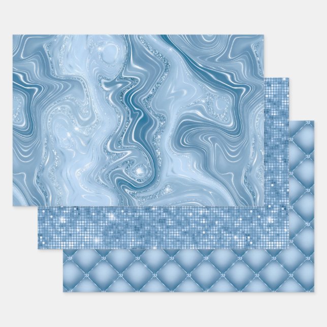 Elegante hellblaue Glitter-Glam-Muster Geschenkpapier Set (Set)