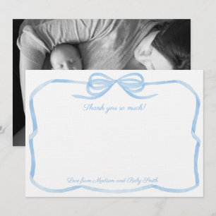 Elegante hellblaue Schleife Junge Baby Shower Foto Dankeskarte