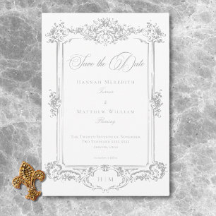 Elegante hellgraue Chinoiserie Cherub Hochzeit Save The Date