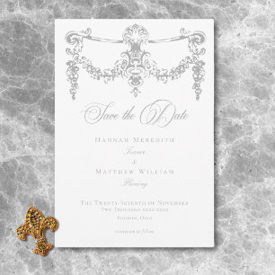 Elegante hellgraue Chinoiserie Cherub Hochzeit Save The Date