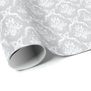 Elegante hellgraue und weiße florale Damastmuster Geschenkpapier