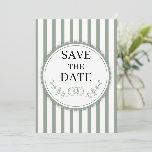 Elegante hellgrün gestreifte Save-the-Date-Ringe Einladung (Stehend Vorderseite)
