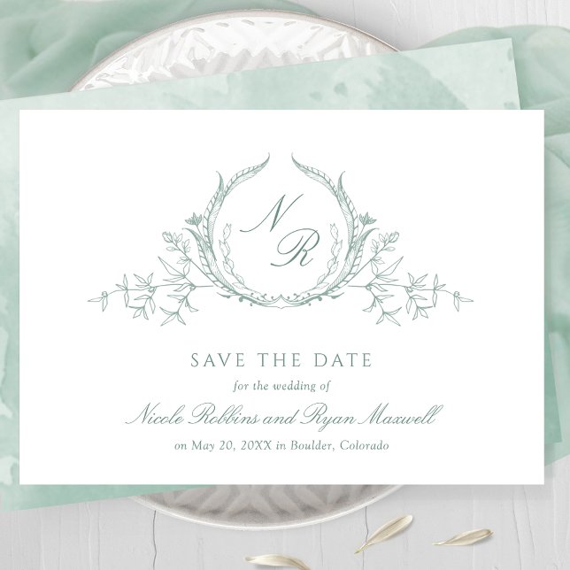 Elegante, hellgrüne Aquarellfarben-Monogrammkallig Save The Date (Von Creator hochgeladen)