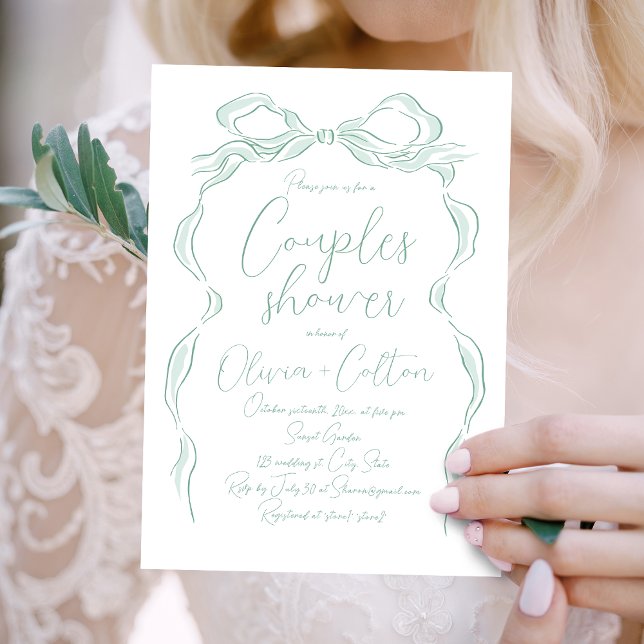 Elegante hellgrüne Hängematte Bow Couples Dusche Einladung (Elegant Light Green Hand Drawn Bow Couples Shower Invitation)