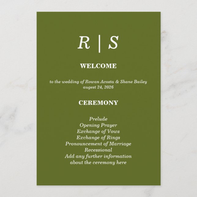 Elegante hellgrüne Monogramm-Hochzeitsprogrammkart Programm (Vorderseite)