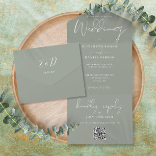 Elegante Hellgrüne QR-Code-Monogramm-Hochzeit All In One Einladung