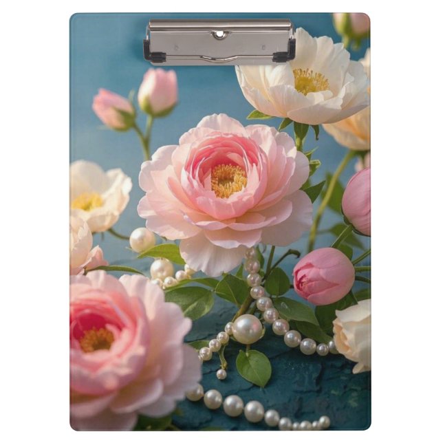 Elegante hellrosa Blush-Blumen mit Perlen  Klemmbrett (Vorderseite)