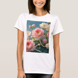 Elegante hellrosa Blush-Blumen mit Perlen T-Shirt