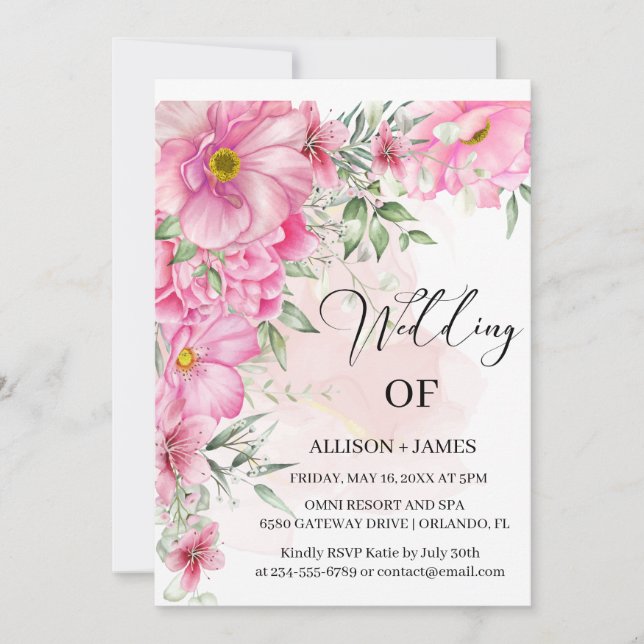 Elegante, hellrosa, florale Hochzeit Einladung (Vorderseite)