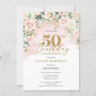 Elegante hellrosa Rose grün Gold 50. Geburtstag Einladung