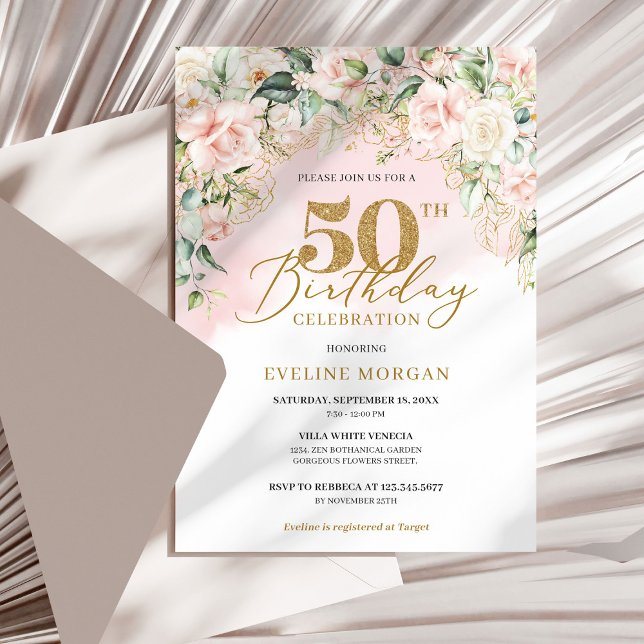 Elegante hellrosa Rose grün Gold 50. Geburtstag Einladung (Bohemian Blush roses eucalyptus gold 50th birthday invitation digital )