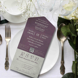 Elegante Herbst-Aubergine Salbei-Grau QR-Code All In One Einladung