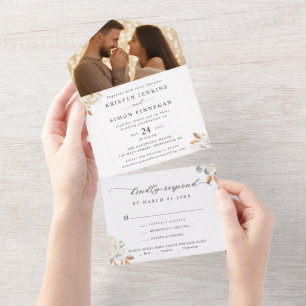 Elegante Herbst-Blume Skript-Foto Hochzeit All In One Einladung