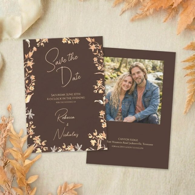 Elegante Herbst-Kupfer-Wildblumen-Script-Foto Save The Date (Von Creator hochgeladen)