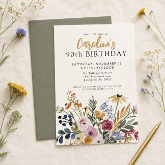 Elegante Herbst-Wasserfarben-Blumen zum 90. Geburt Einladung