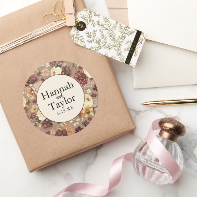 Elegante Herbst Wasserfarben Blumenhochzeit Runder Aufkleber (Schenken)