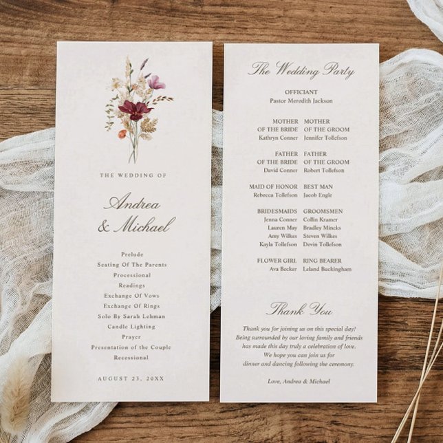 Elegante Herbst-Wasserfarben-Wildblumen-Hochzeit Programm (Elegant fall wedding program with burgundy watercolor wildflowers and botanical florals)