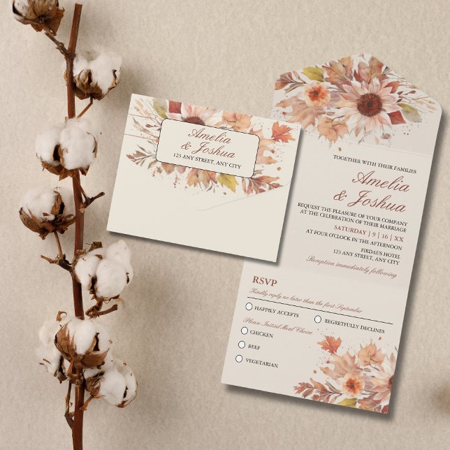 Elegante Herbst-Wasserfarbenhochzeit All In One Einladung (Elegant Autumn Fall Floral Watercolor Wedding All In One Invitation)