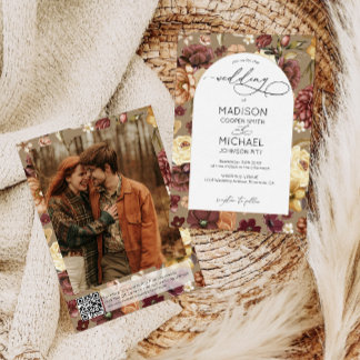 Elegante Herbst-Wildblumen-QR-Code-Foto-Hochzeit Einladung