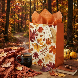Elegante Herbstblätter & Kürbis-Geschenktasche | H Mittlere Geschenktüte