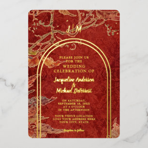 Elegante Herbstblätter Rot Goldfolie Moderne Arkad Folieneinladung