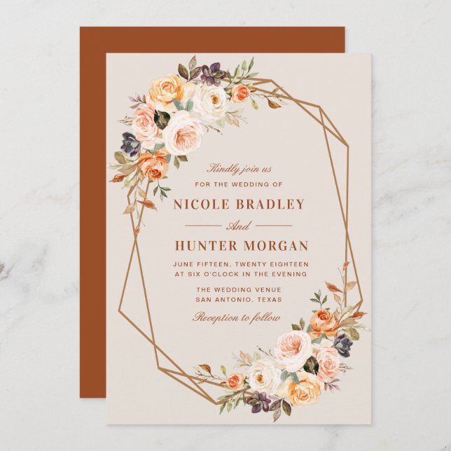 elegante Herbstblumen Terrakotta geometrische Hoch Einladung (Vorne/Hinten)