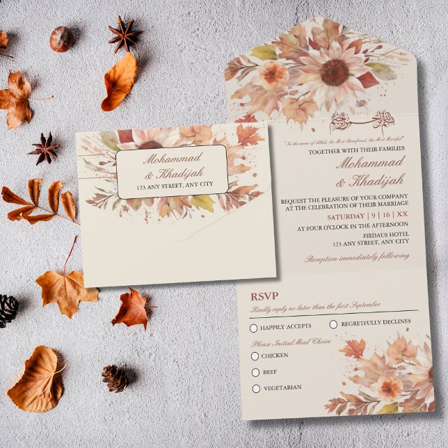 Elegante Herbstblütenhochzeit All In One Einladung (Elegant Autumn Floral Watercolor Muslim Wedding All In One Invitation)