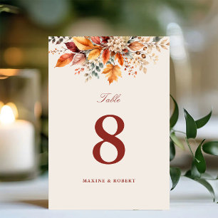 Elegante Herbstfoliage-Weichwasserfarben-Hochzeit Tischnummer