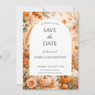 Elegante Herbstkarte mit Kürbissen und Boho-Blumen Save The Date