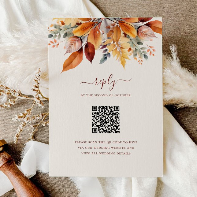 Elegante Herbstlaub Herbst QR-Code Hochzeit RSVP Karte (Von Creator hochgeladen)