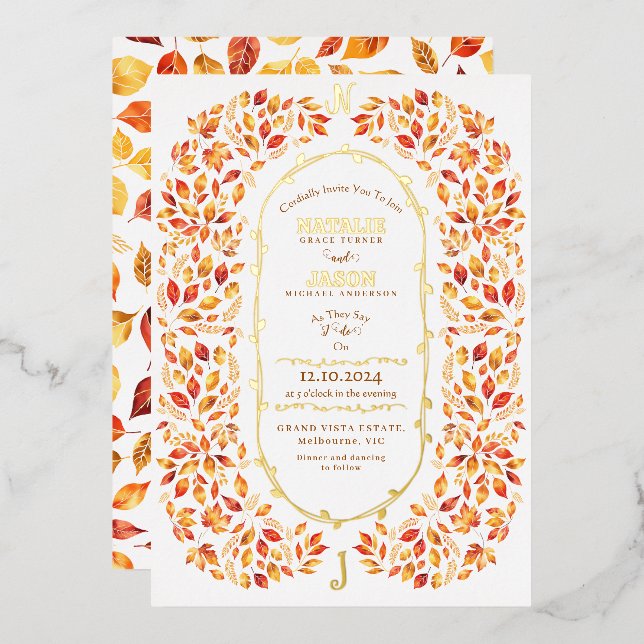 Elegante Herbstlaub Rustic Boho Wedding Folieneinladung (Vorderseite/Rückseite)