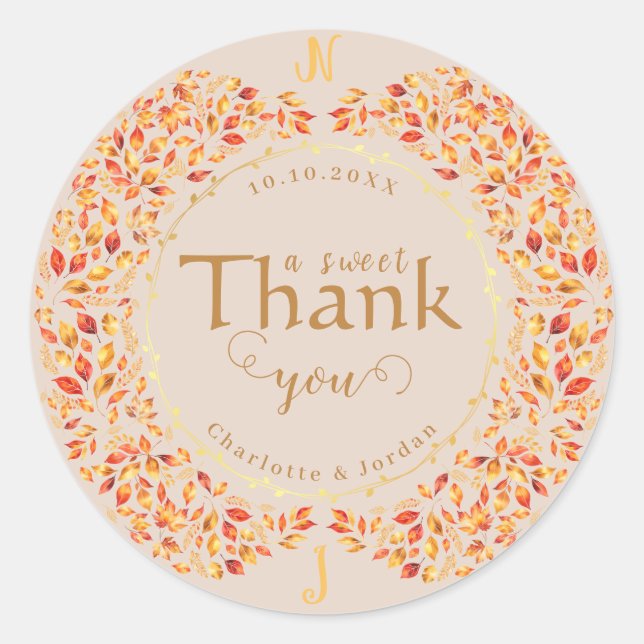 Elegante Herbstlaub Rustikale Terracotta Hochzeit Runder Aufkleber (Vorderseite)