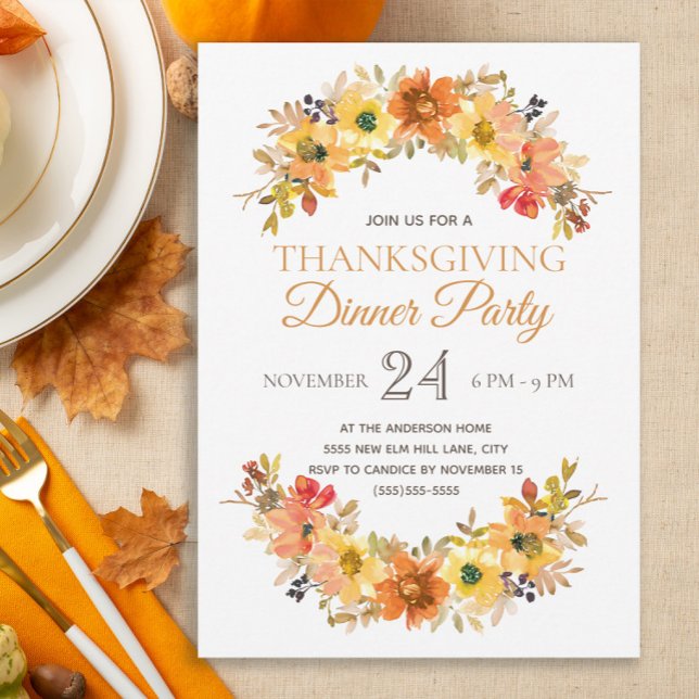 Elegante Herbstlaube Erntedank am Abend Einladung (Elegant fall floral and leaves Thanksgiving Dinner invitation)